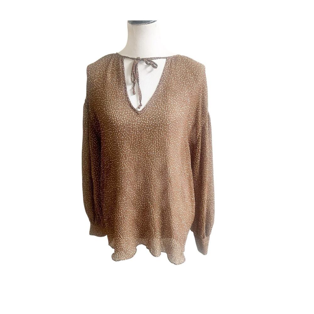 Vince Chiffon Women’s Polka Dot Blouse Size Large Accordion Brown White Sheer